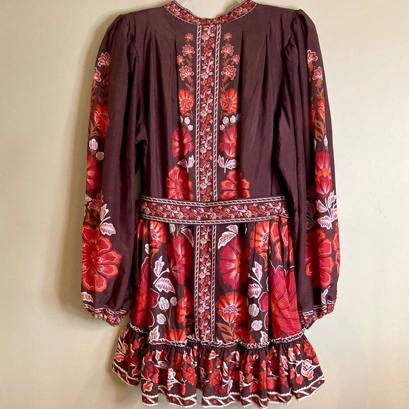 NEW FARM Rio Gigi Tapestry Brown Mini Dress Beaded Buckle Red Floral Size L - Picture 14 of 16